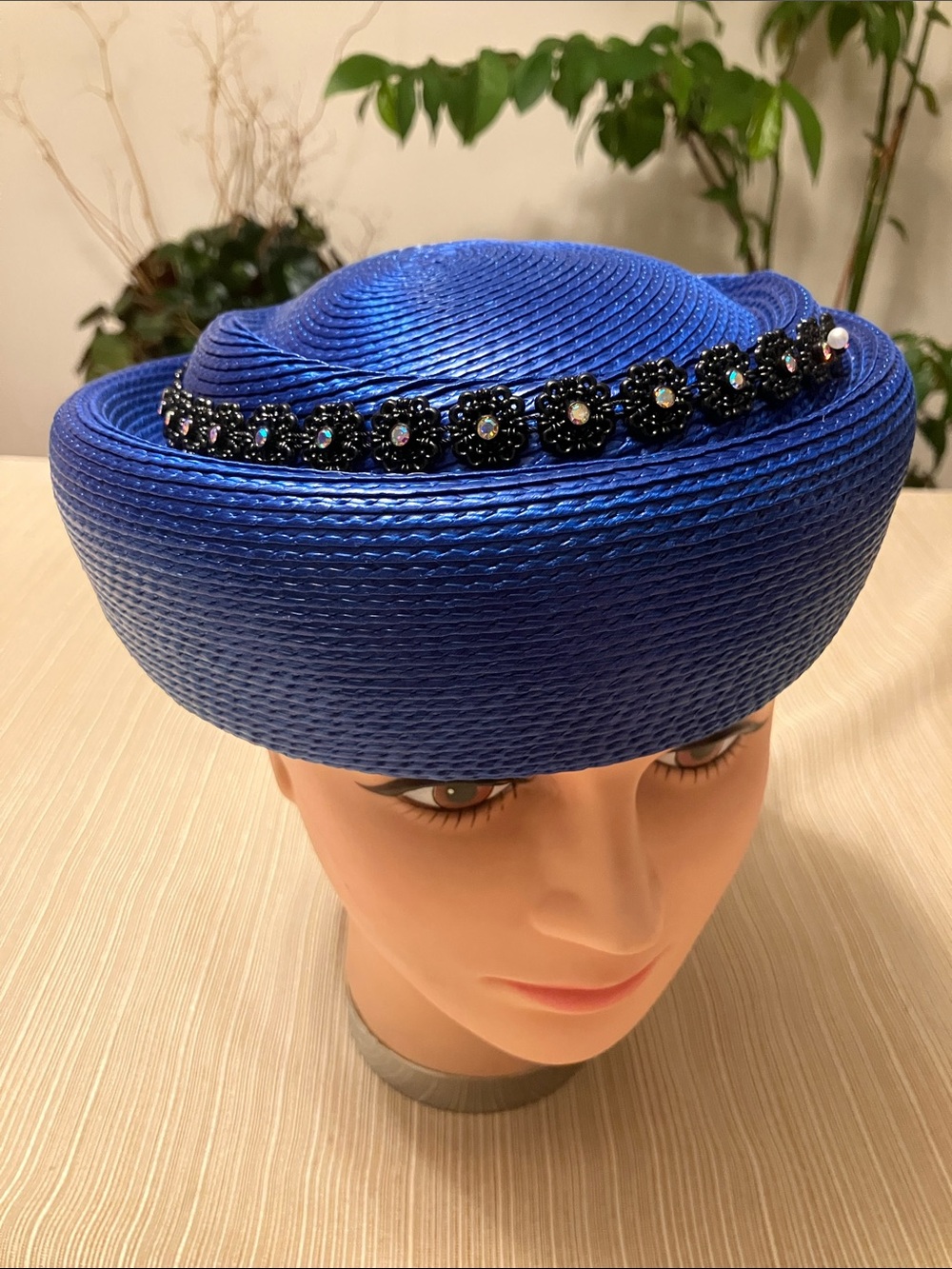 Chic Royal Blue Pillbox Hat with Black Beaded Floral Iridescent Rhinestone Trim